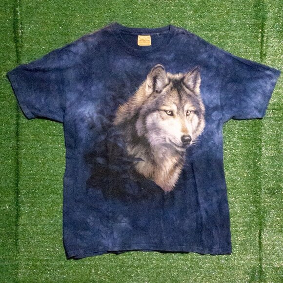 VINTAGE 1999 THE MOUNTAIN MENS T SHIRT CASUAL BLUE TIE DYE MARBLE WOLF SIZE XXL - Picture 1 of 7